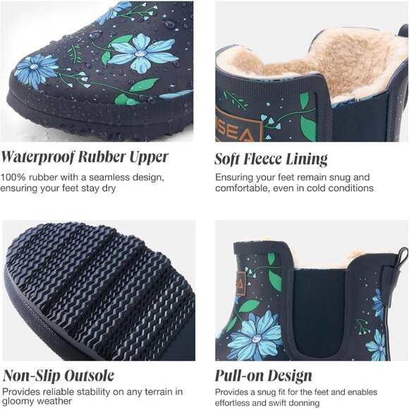 ⚡Women's Blue Flower Plush Rain Ankle Snow Boots Waterproof Chelsea Rubber - Picture 6 of 6